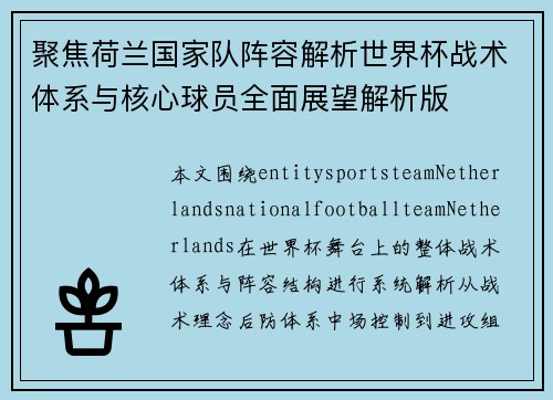聚焦荷兰国家队阵容解析世界杯战术体系与核心球员全面展望解析版